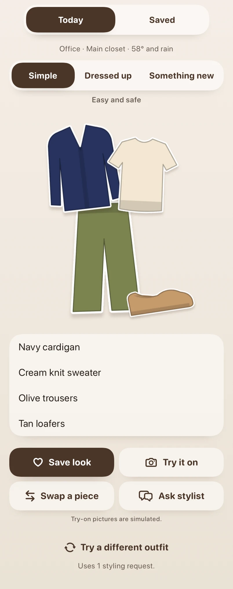 Your Looks screen showing an outfit created from four wardrobe pieces and actions to save, try on, swap, or ask the stylist.