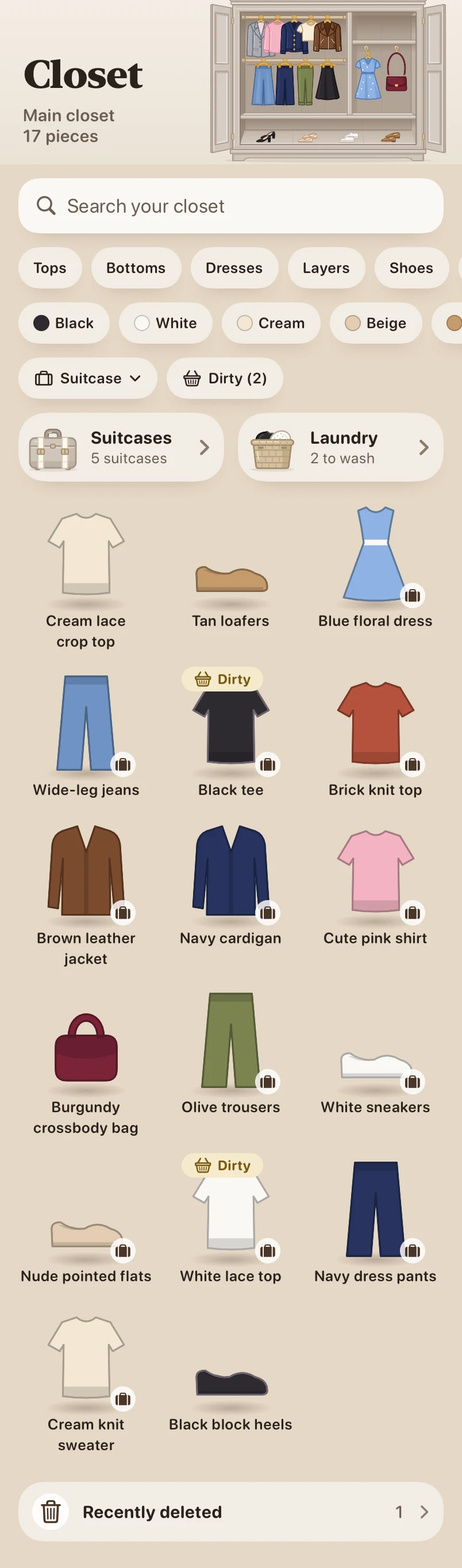 The Closet screen showing search, filters, suitcase and laundry shortcuts, and a grid of clothing pieces.