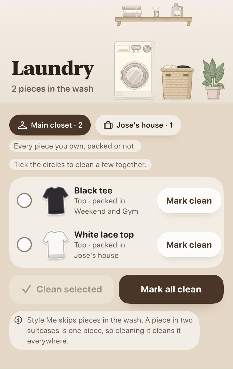 Laundry screen showing two pieces in the wash with controls to mark them clean.