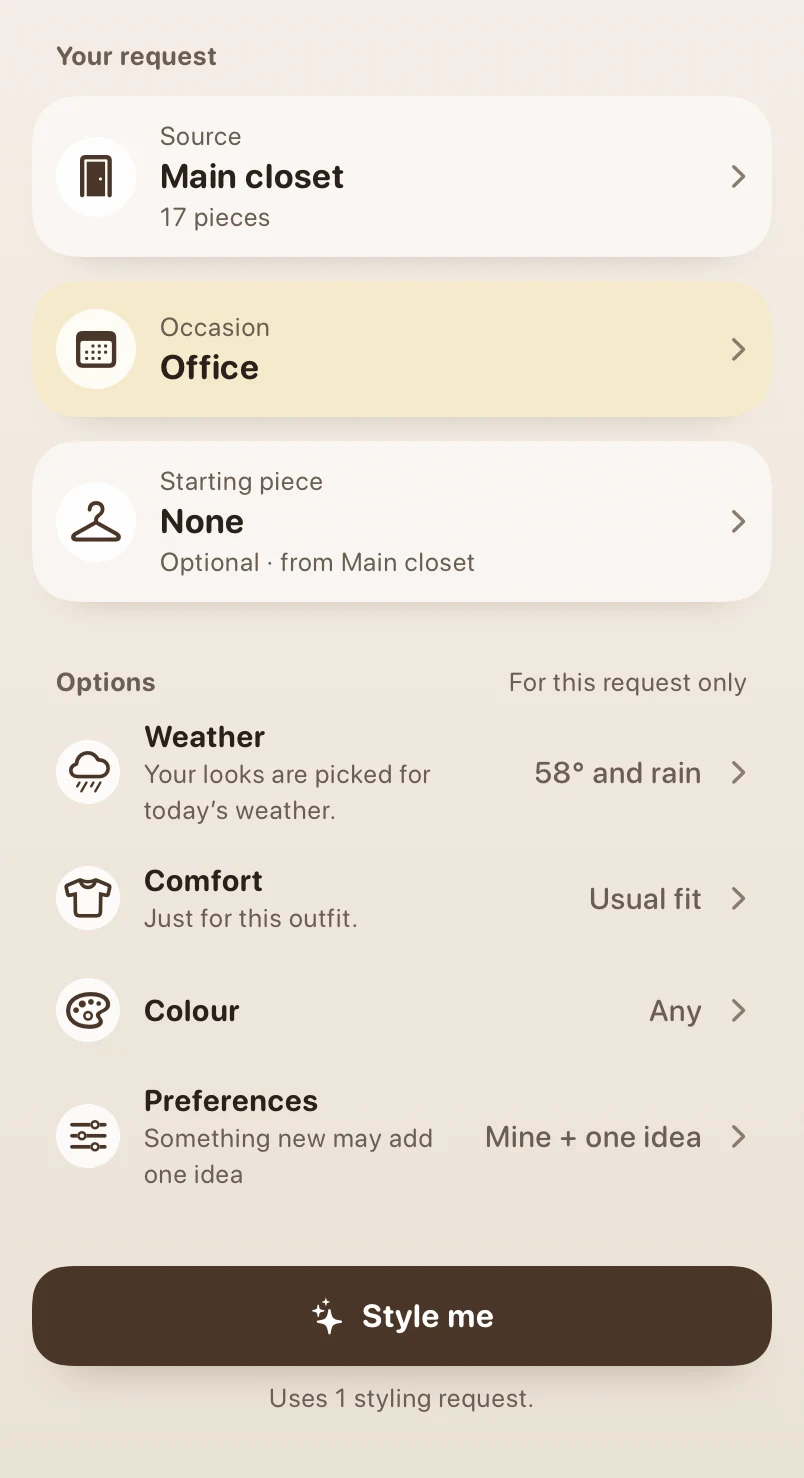 Style Me request screen with closet source, office occasion, weather, comfort, colour, and preference choices.