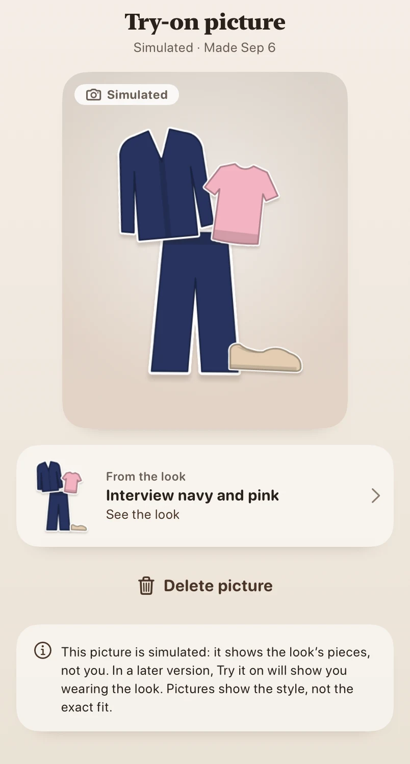 Try-on picture development screen showing an outfit preview and its linked saved look.