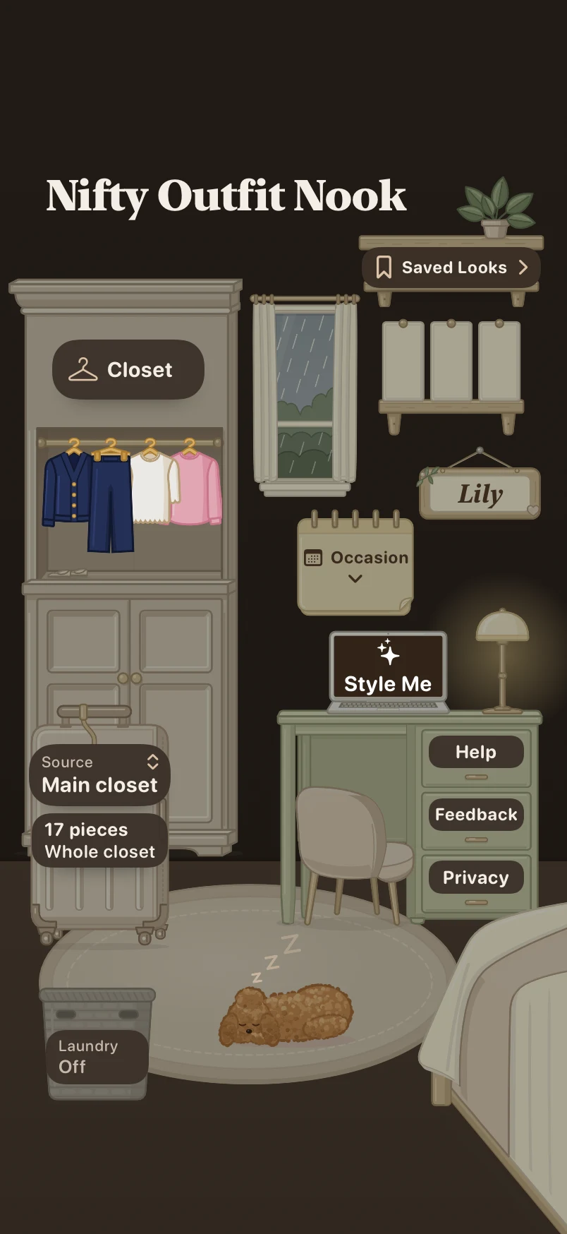 Nifty Outfit Nook Home screen in dark appearance, with a wardrobe, saved looks shelf, styling desk and suitcase.